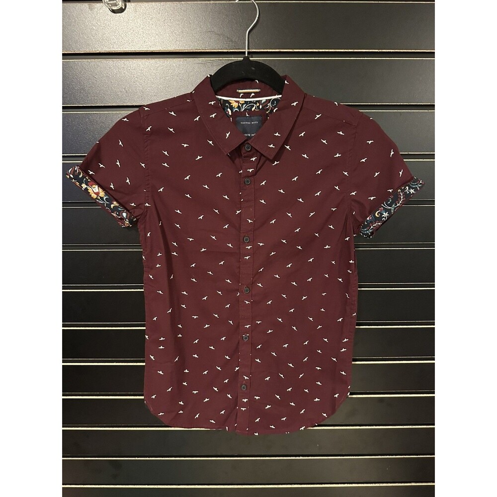 Cactus Boys Maroon Short Sleeve Collared Button Down Shirt, Size 11/12